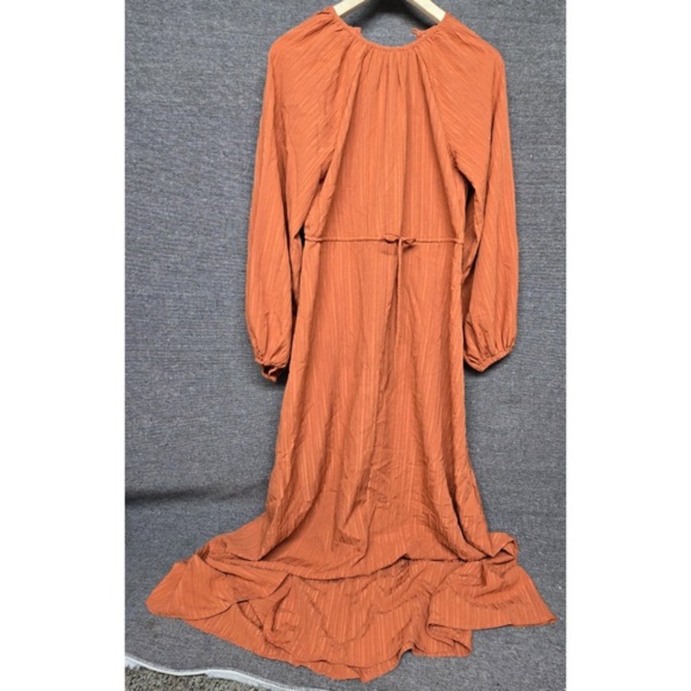 Rust Orange Textured High Low Maxi Dress Long Balloon Sleeve V-Neck Boho L